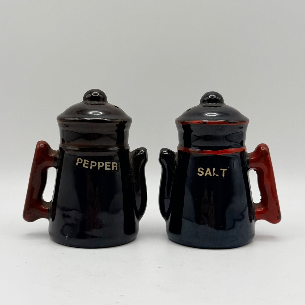 Vintage Ceramic Coffee Pot Salt and Pepper Shakers Brown Red Retro Kitchenware